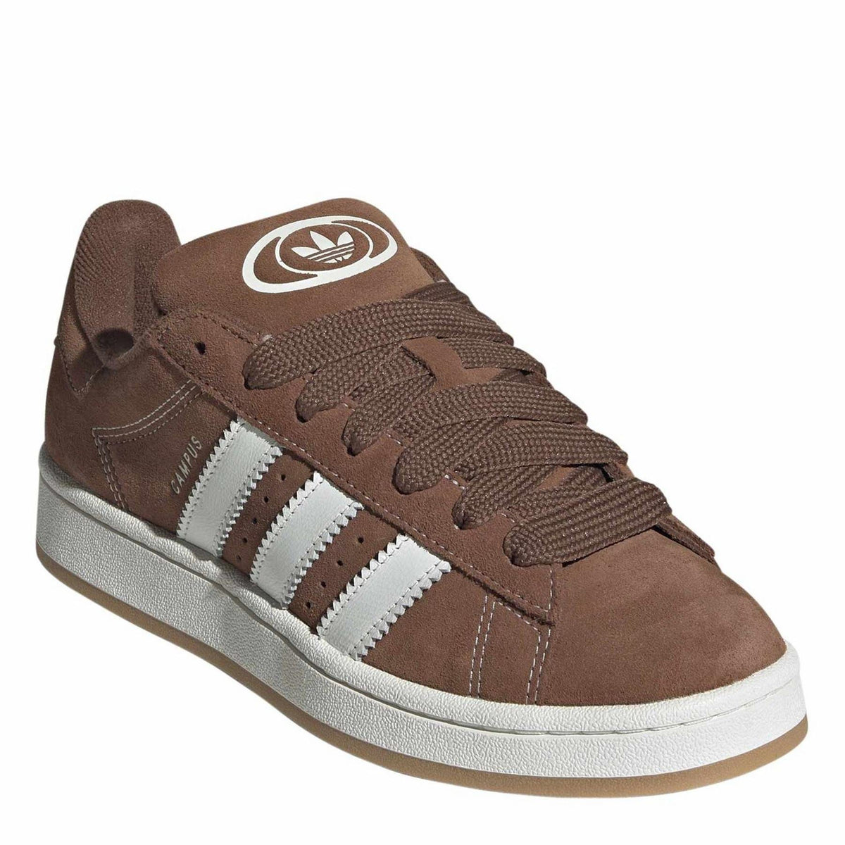 Brown suede adidas sneakers, lace-up with tongue logo and white triple stripes