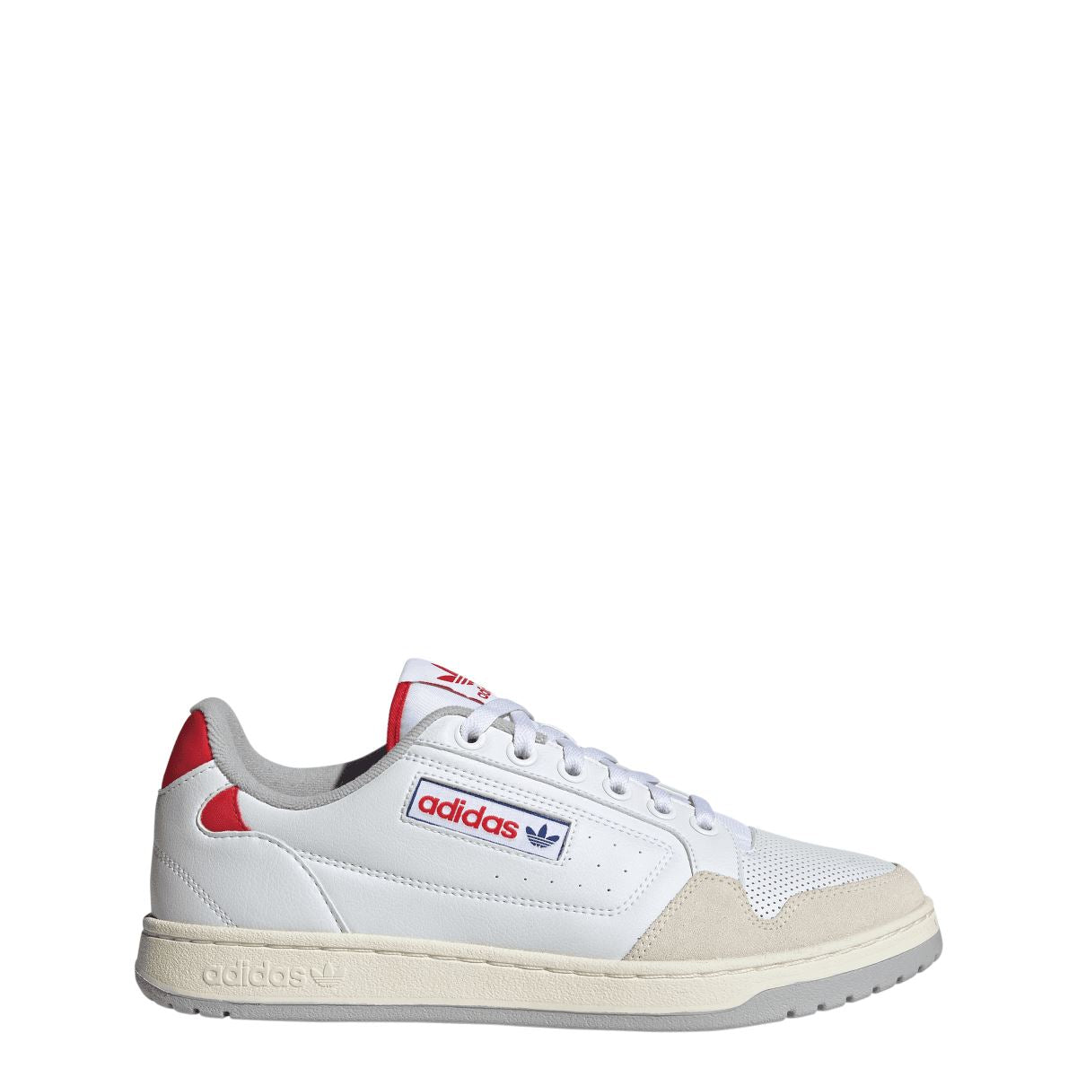 White adidas Originals NY 90 trainers side view with red trim and off-white sole