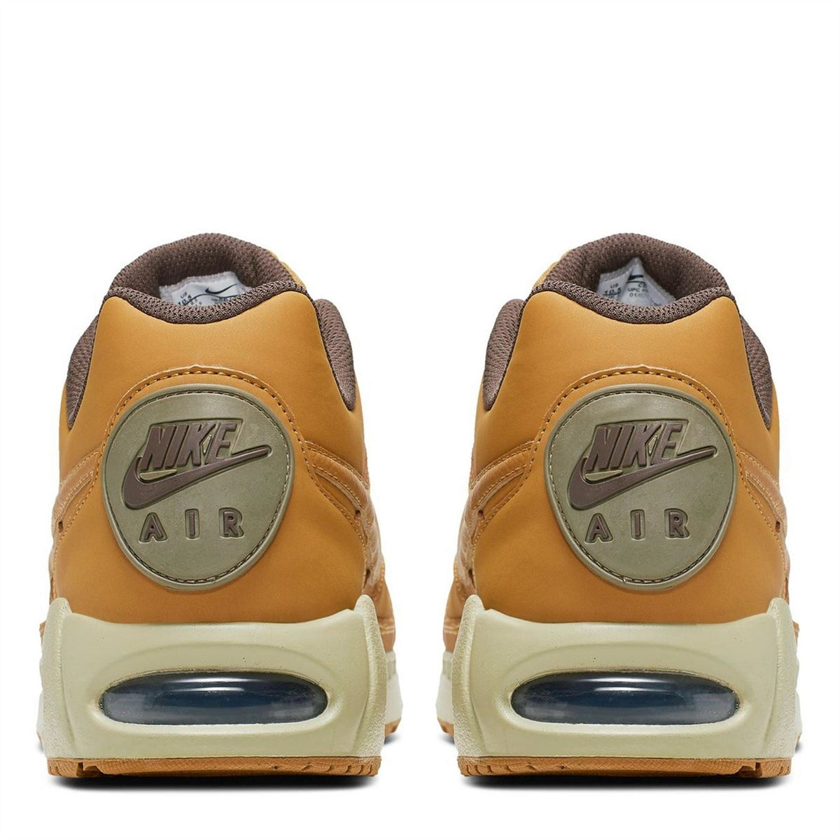 Tan trainers heel view with Nike Air logo and cushioned sole