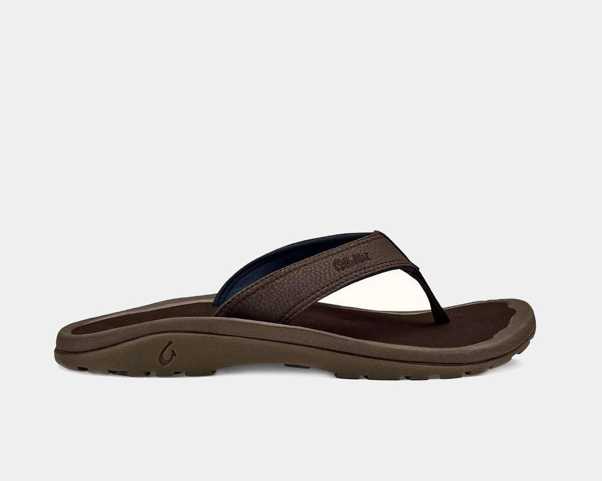 Pair of brown flip-flops with dark strap and thong toe post