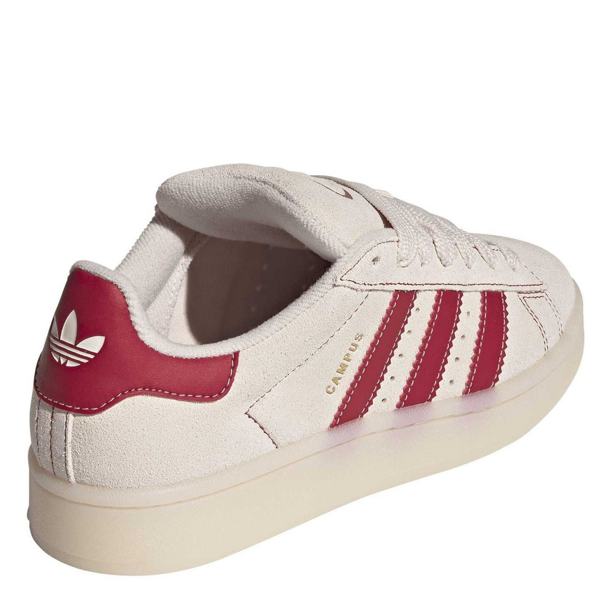 Light beige Adidas Originals suede sneaker with red heel tab and lace-up back