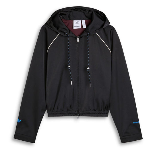 Black satin hooded jacket with zip front, adjustable drawstrings, long sleeves