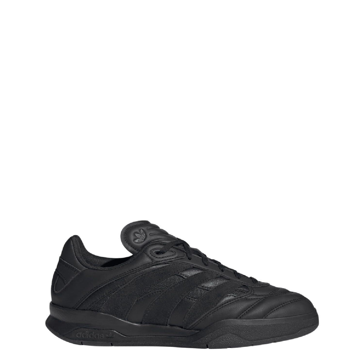 Black lace-up trainers with side stripe overlays and low-profile rubber sole