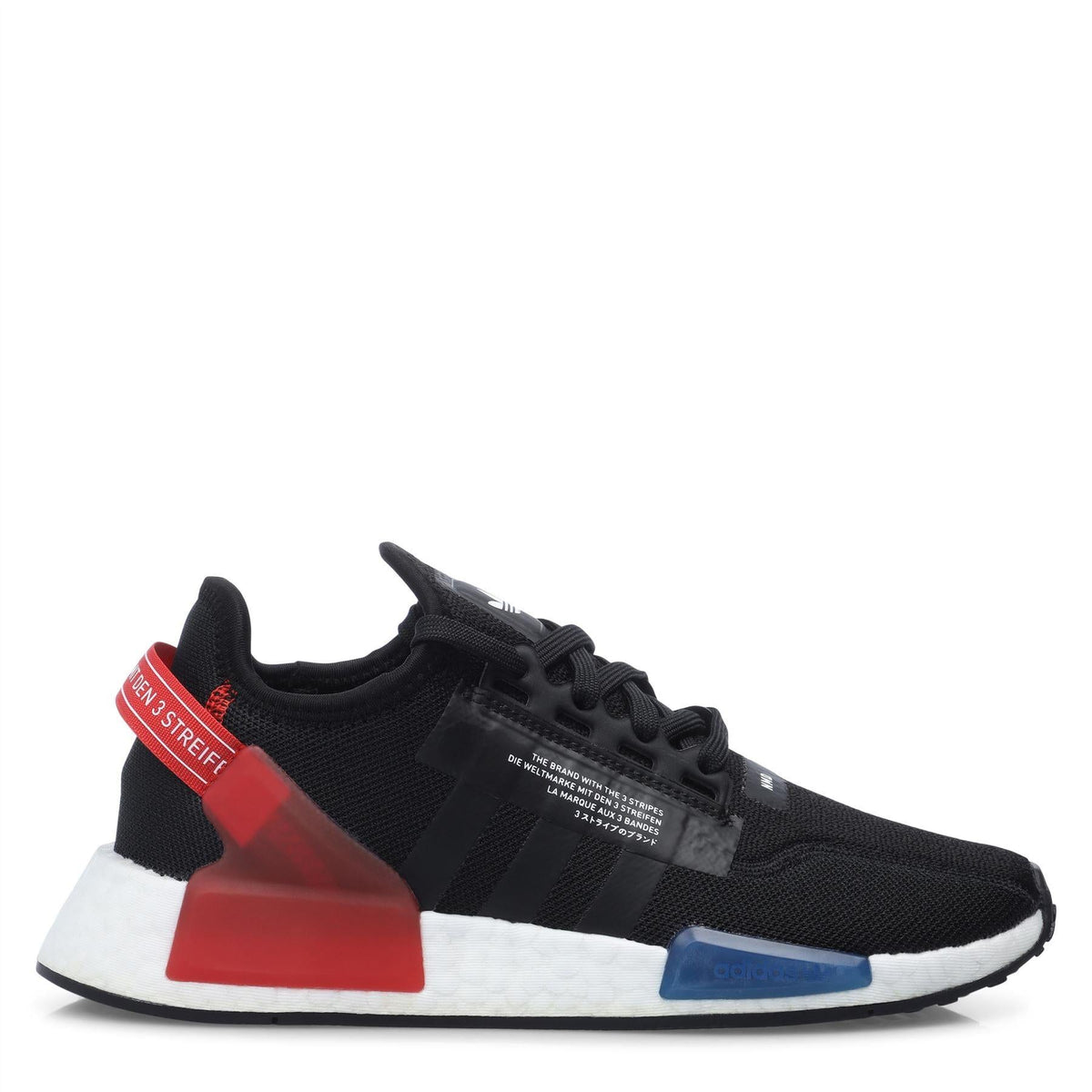 adidas NMD R1 V2 juniors sneakers, black lace-up upper with red and blue accents, white midsole