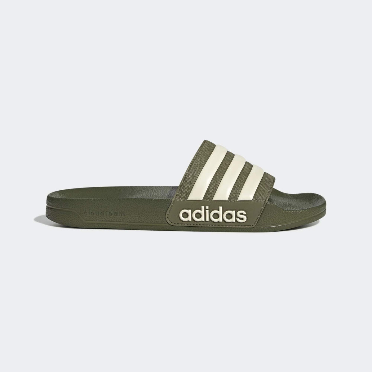 Adilette shower slides, olive green slide with three white adidas stripes