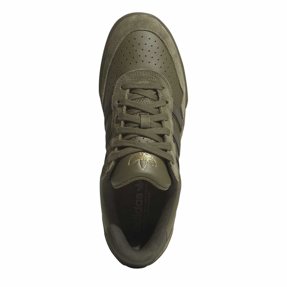 Adidas low-top canvas sneakers in olive, toe perforations and lace-up at front view