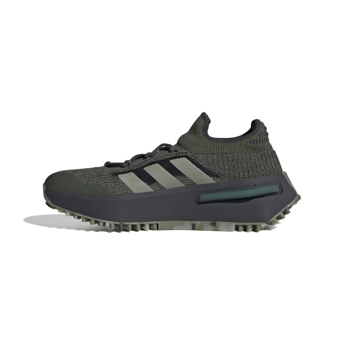 adidas NMD_S1 trainers in olive, side stripes on knit upper and teal midsole panel