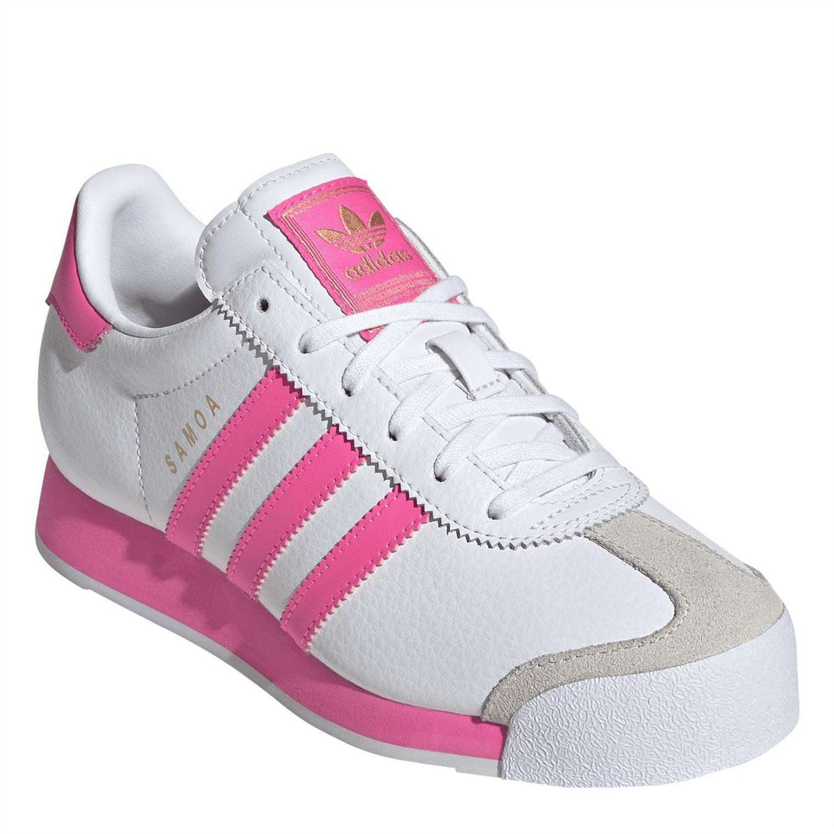 White leather-look juniors sneakers with pink stripes, lace-up, tan suede-style side panel.