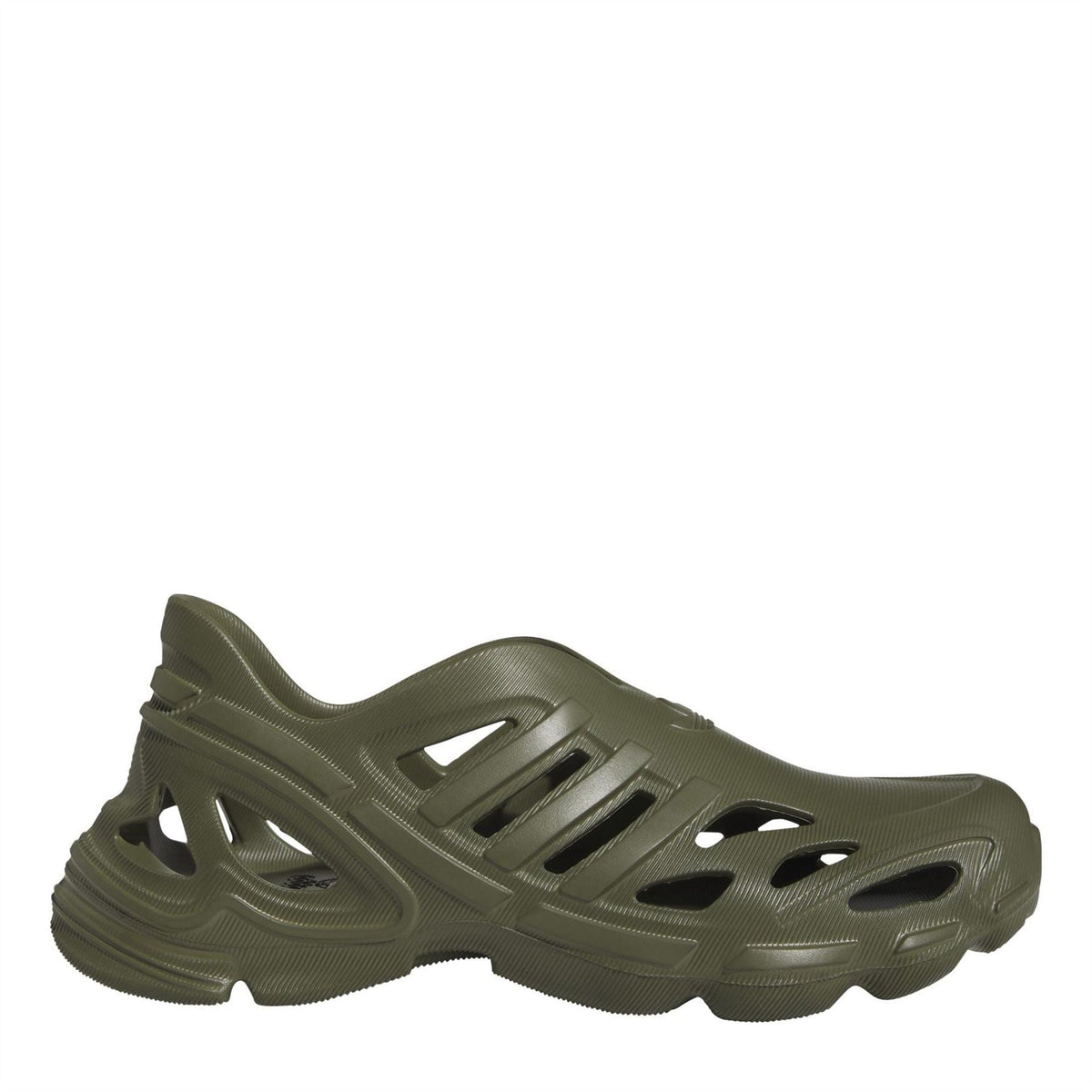 Olive slip-on mesh running shoe with oversized cutout sole