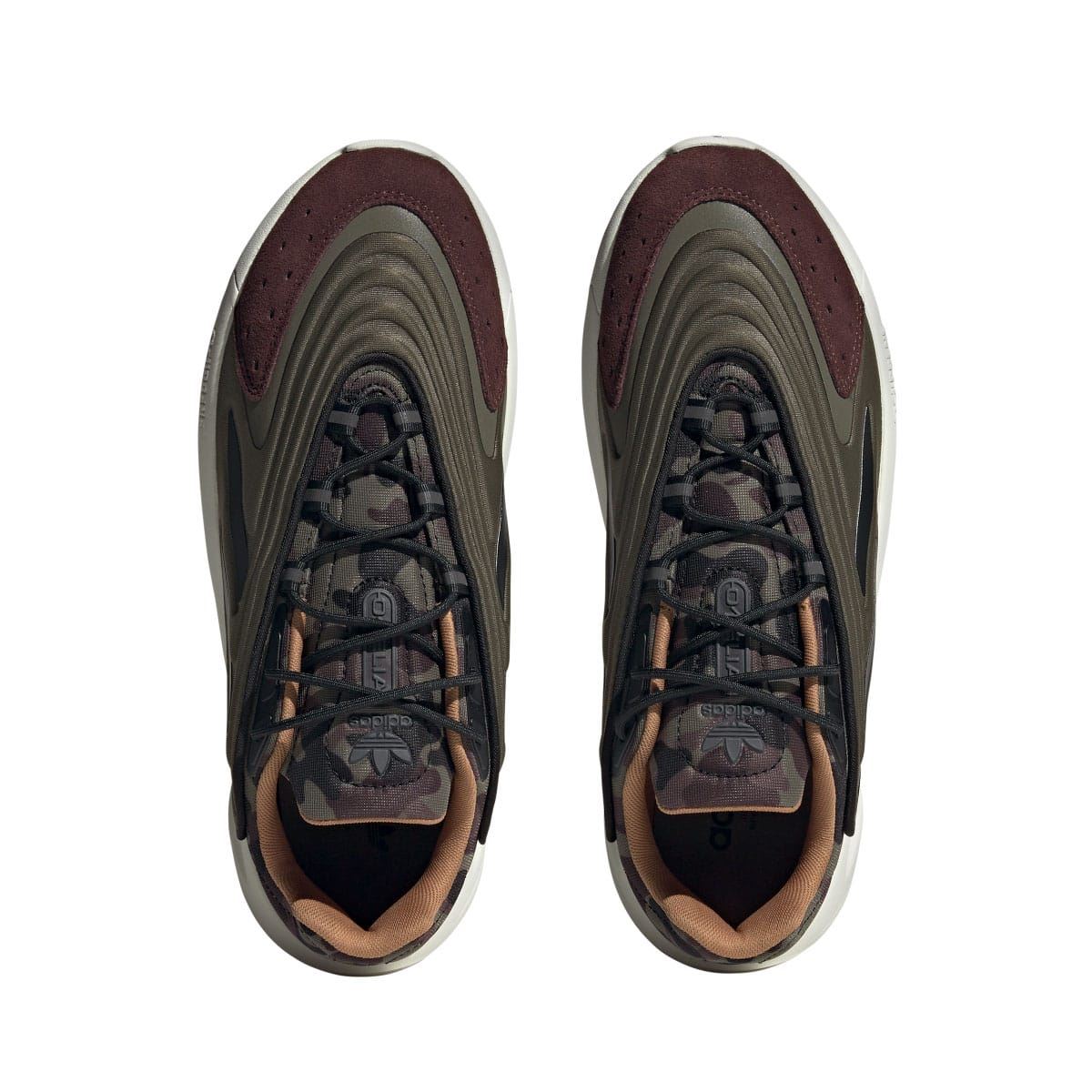 Pair of trainers viewed from above with black laces and burgundy toe panels
