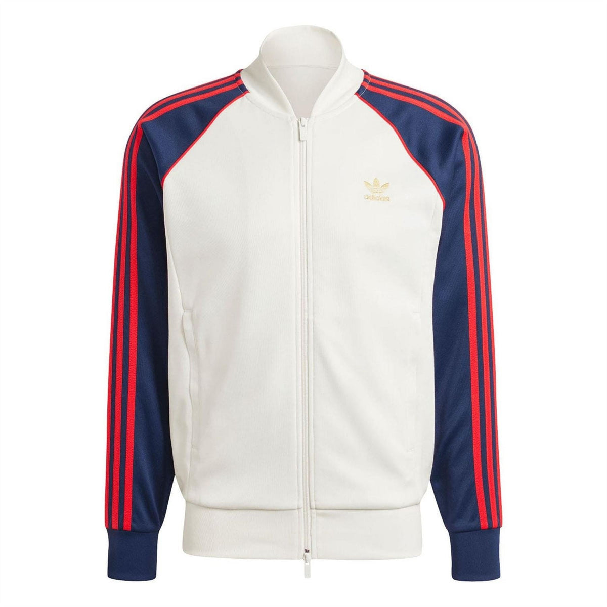 White zip-up track jacket with navy/red side stripes and adidas logo on chest
