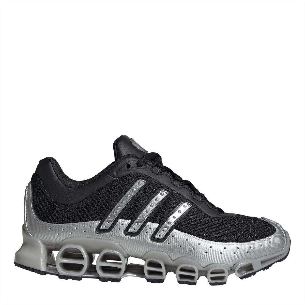 Black and silver lace-up running sneaker with mesh upper and chunky molded outsole
