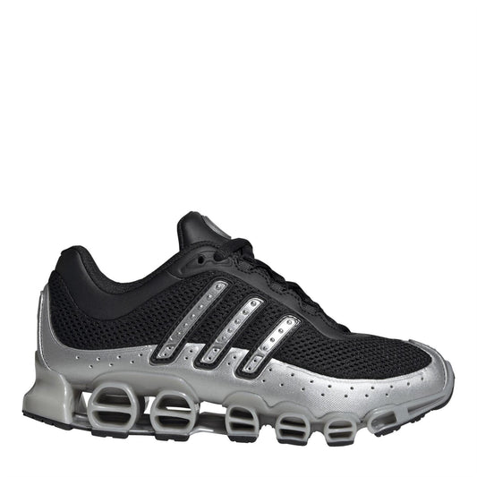 Black and silver lace-up running sneaker with mesh upper and chunky molded outsole
