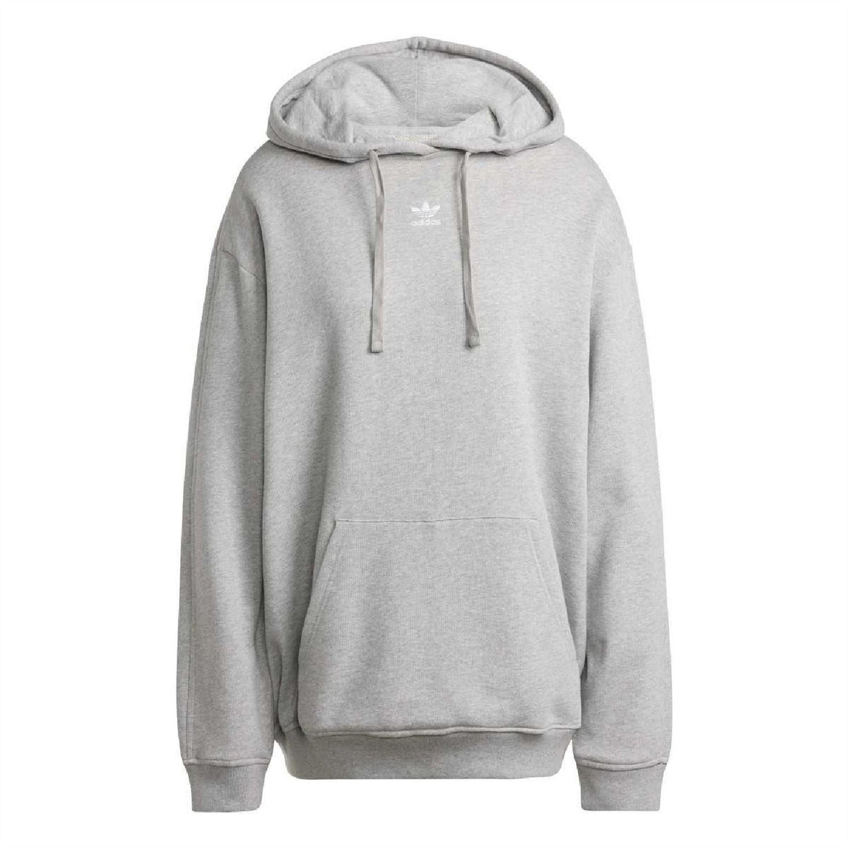 Grey pullover hoodie with adjustable drawstring hood and kangaroo pocket