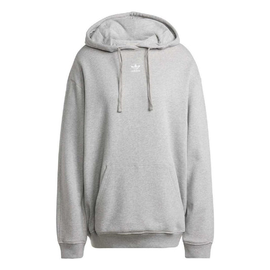 Grey pullover hoodie with adjustable drawstring hood and kangaroo pocket