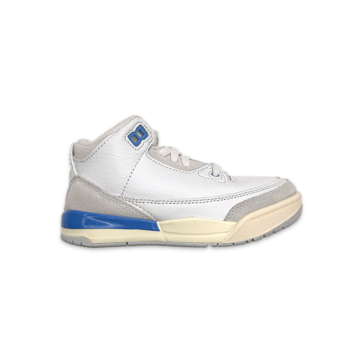 Kids Air Jordan 3 Retro lace-up sneakers, white leather with blue and gray accents