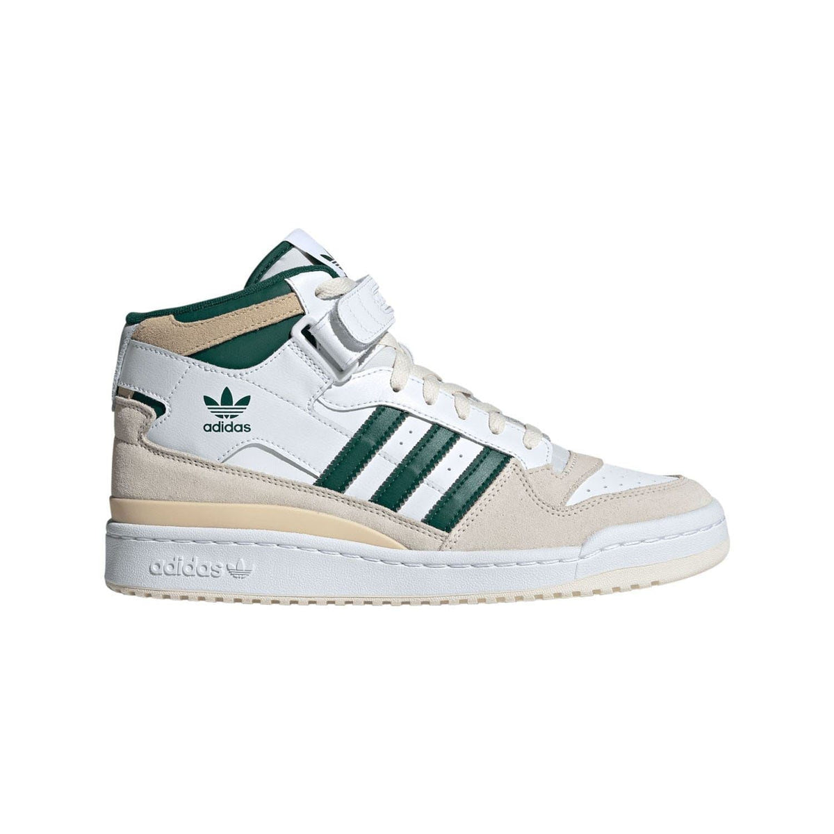 White adidas mid-top sneakers with green stripes and ankle strap