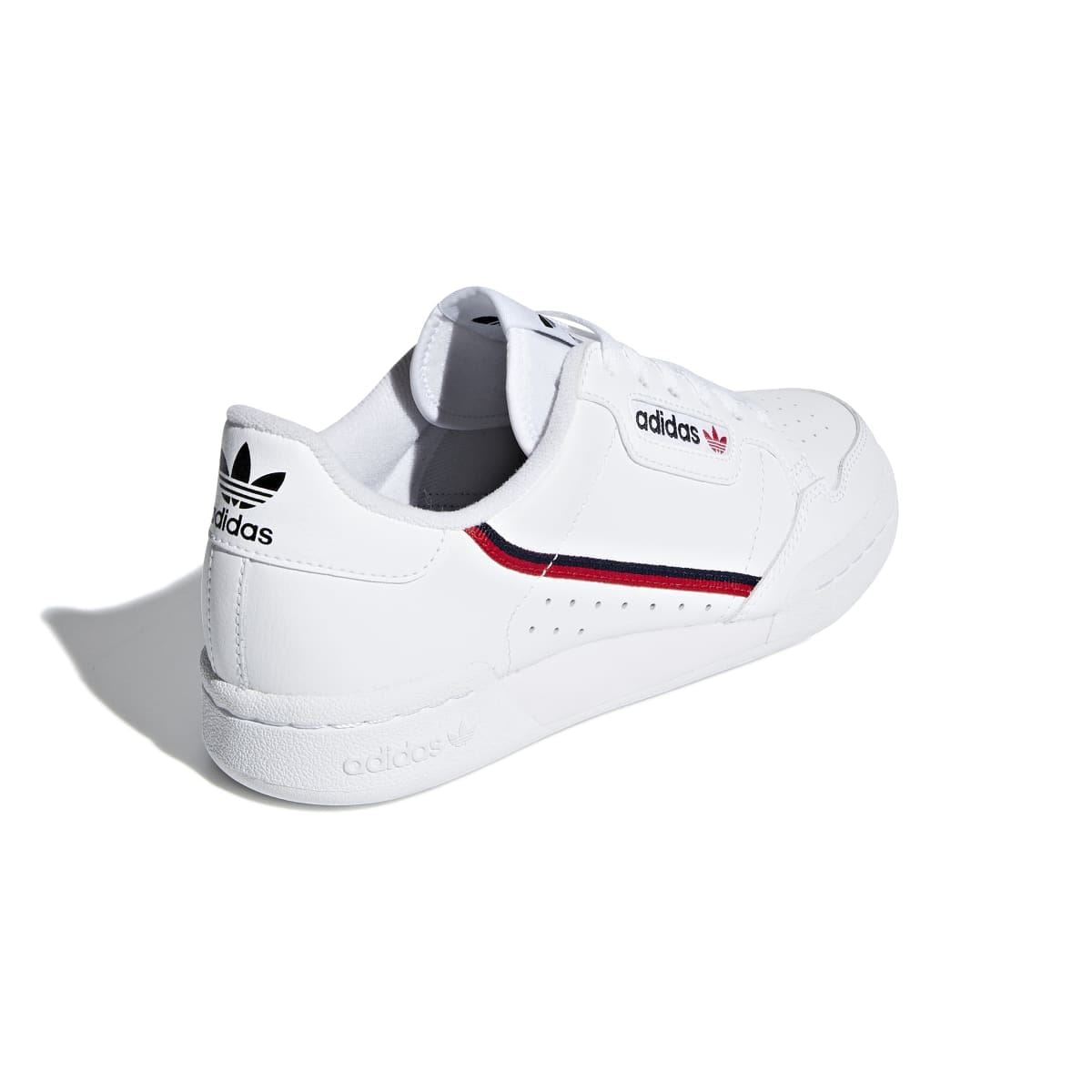 White Adidas Continental 80 junior sneaker insole opening view with logo on heel.