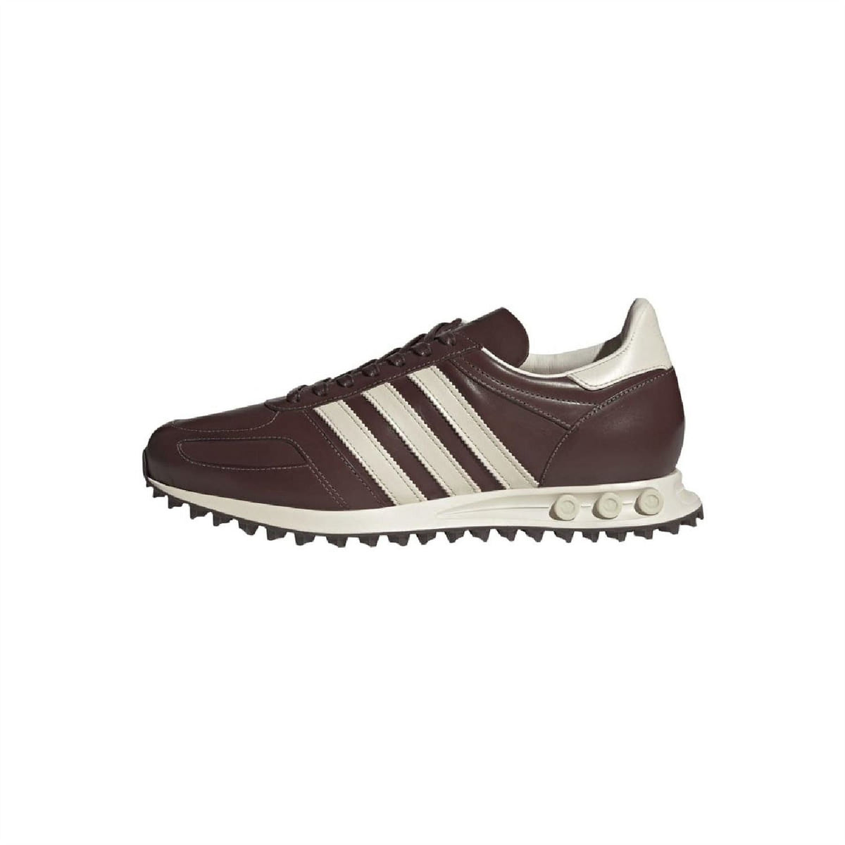 Dark brown lace-up sneaker with three white stripes and chunky off-white sole