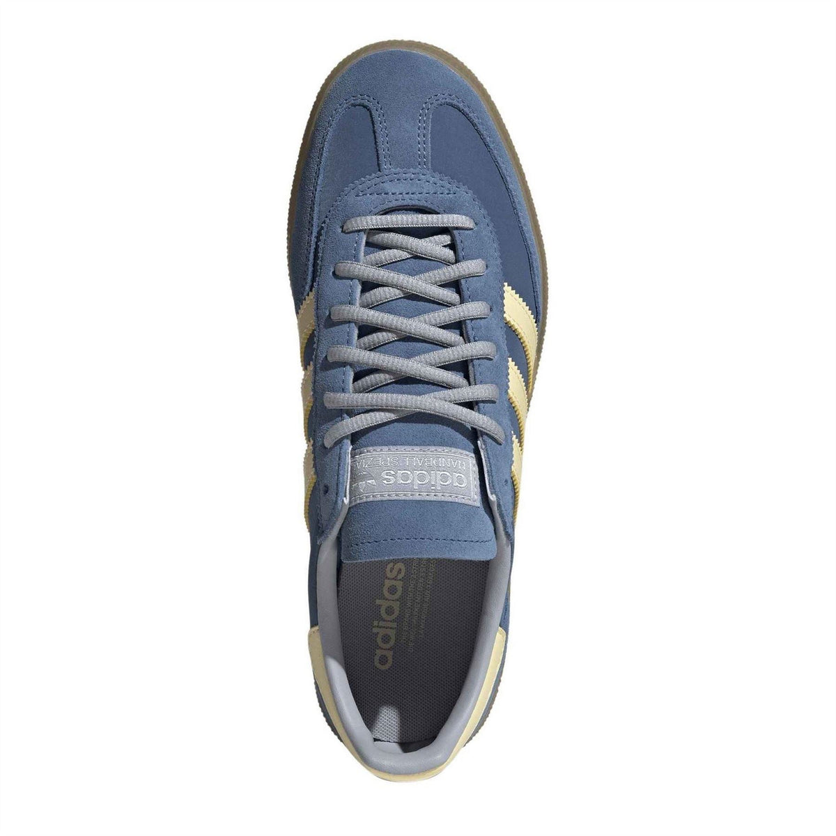 adidas Spezial trainers front view in dusty blue with lace-up closure and cream stripes