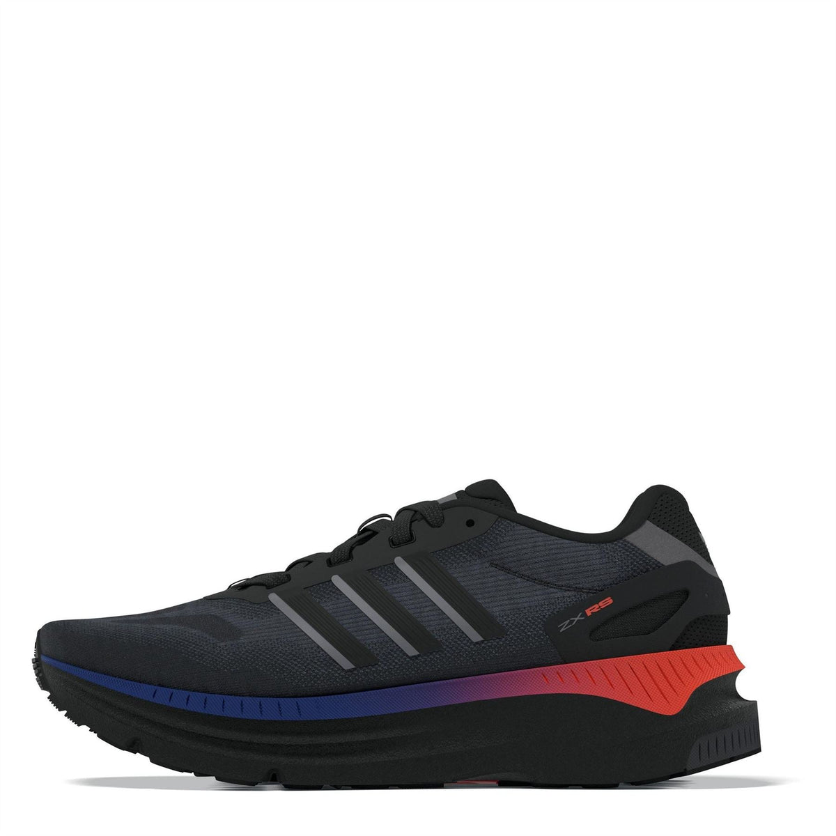 Black running shoes with 3 stripes, mesh upper, lace-up, blue/red outsole detail