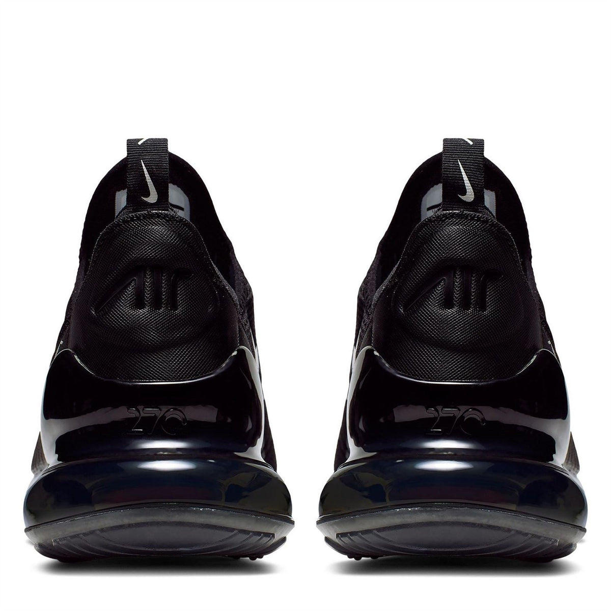 Nike Air Max 270 trainer heel view in black with glossy air window