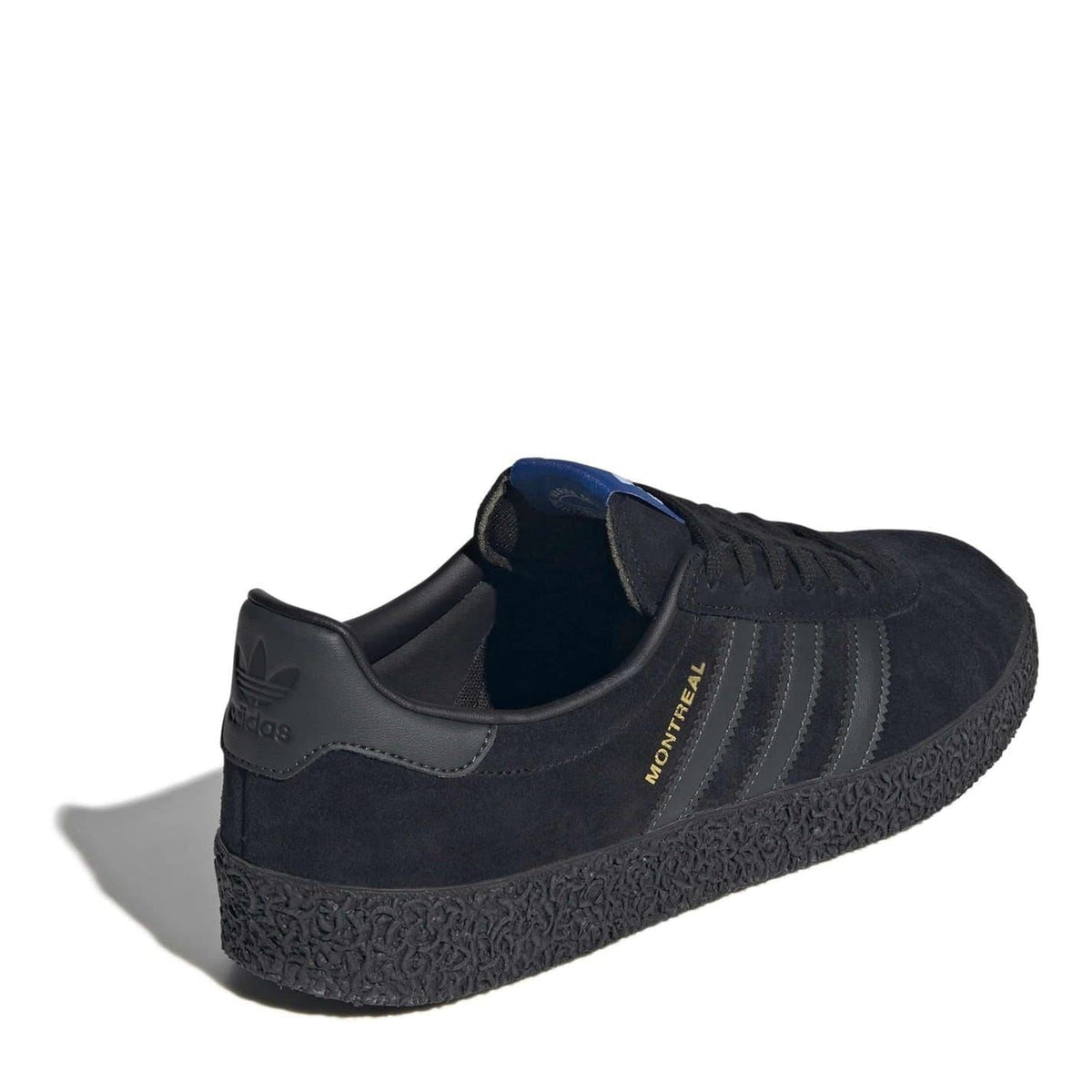 adidas Montreal trainers dark navy suede, rear side view with three stripes and padded collar