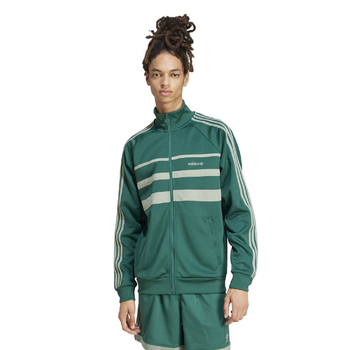 adidas Originals First Track Top in navy with white stripes, casual tracksuit top featuring a zip-up front and stand collar.