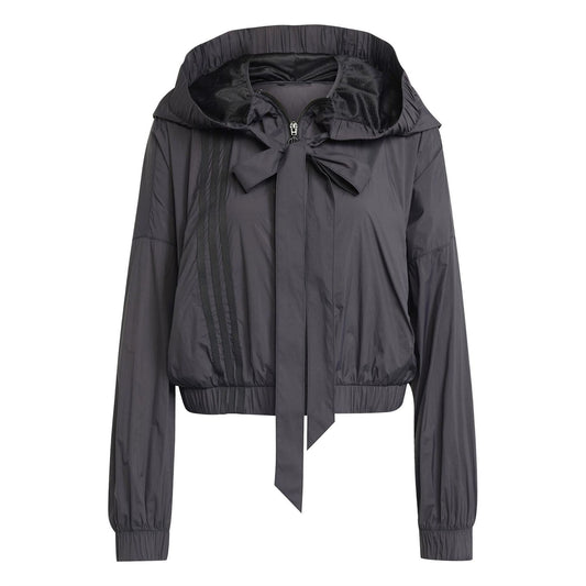 Black ruched hooded bomber jacket with bow-tie detail at neckline and zip front