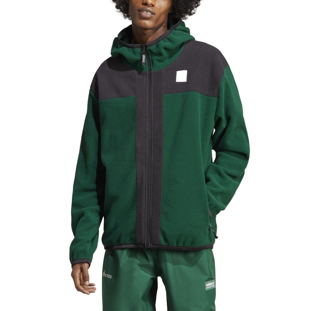 adidas zip hoodie with hood, green body and charcoal upper, front logo patch