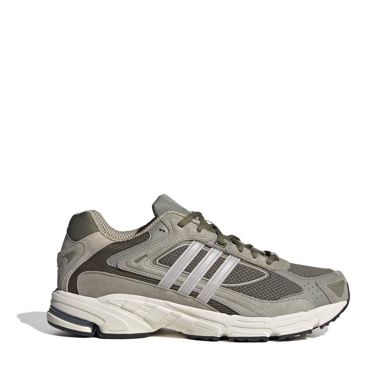 adidas low-top sneakers in gray with olive-green lace and stripes
