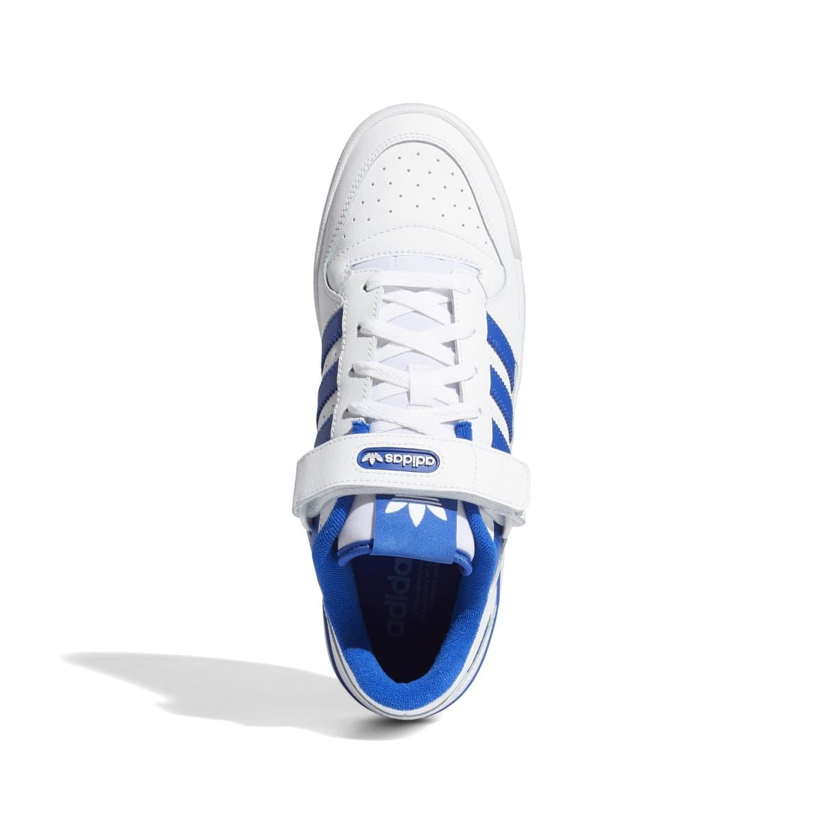 White low-top trainer with blue interior and lace-up front view