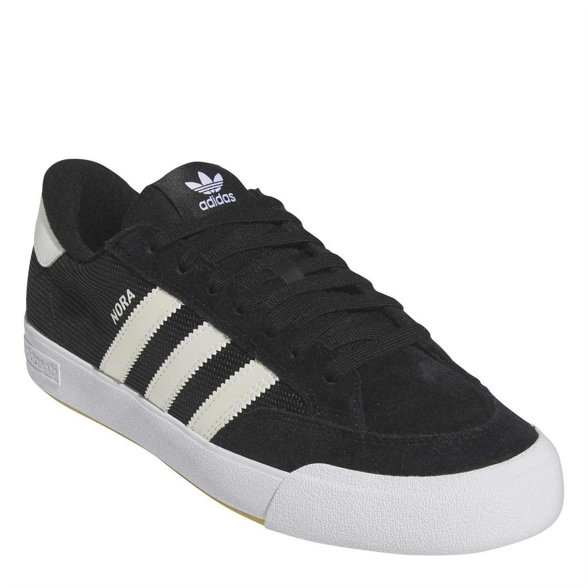 Black adidas trainers with white stripe panels and cushioned white rubber sole