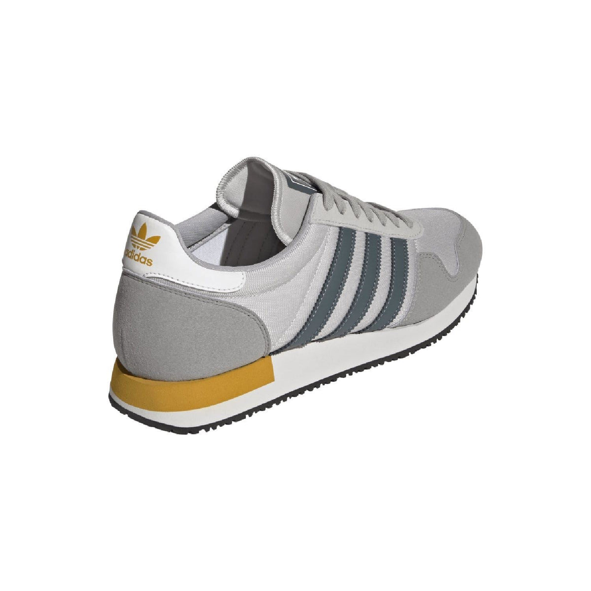 Back/side view of light grey adidas USA 84 trainers with blue stripes and yellow stripe