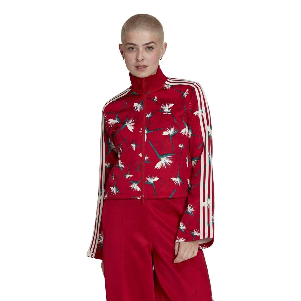 Red high-neck zip jacket top with white stripe sleeves and allover floral print