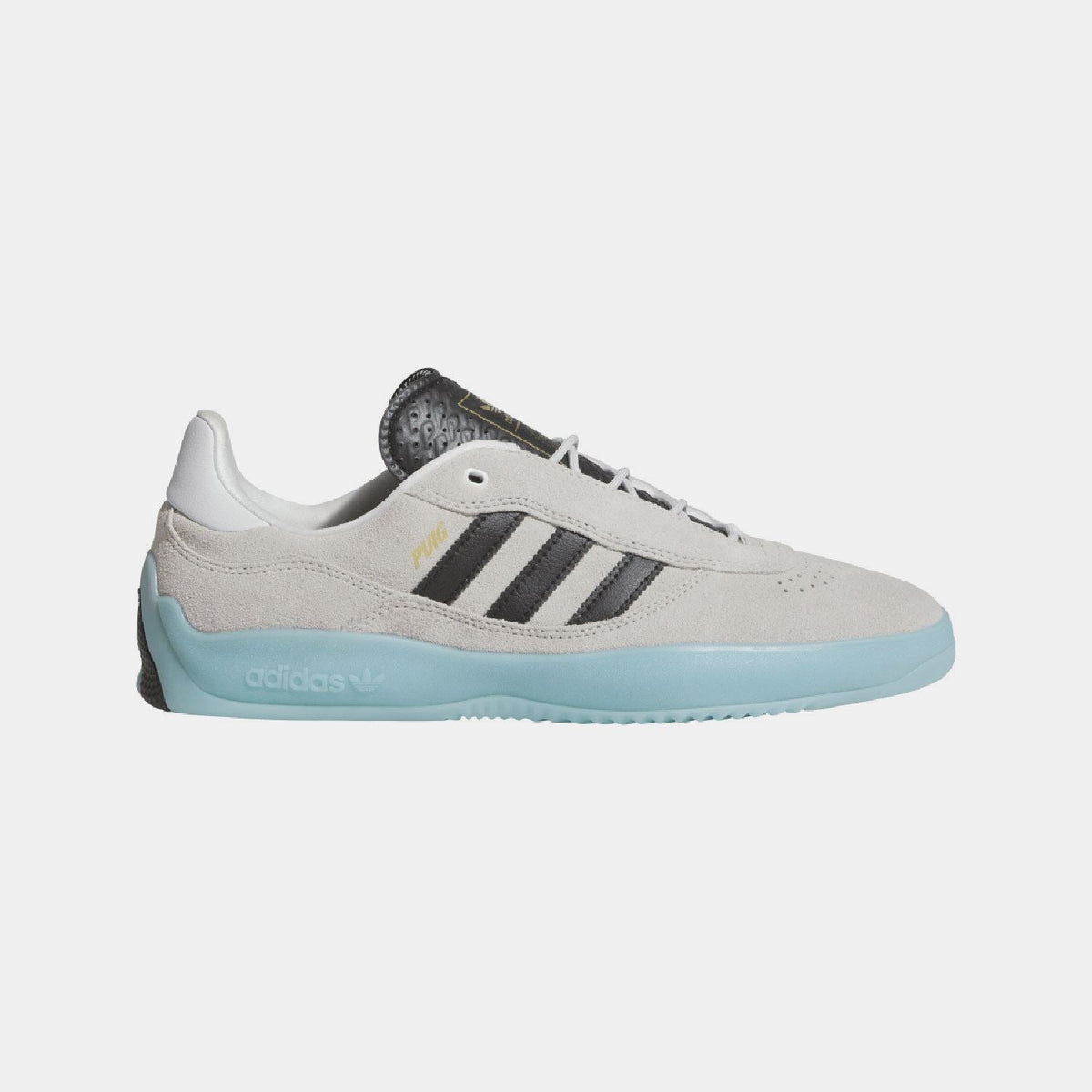 White low-top trainers with adidas stripes and light blue outsole and heel tab.