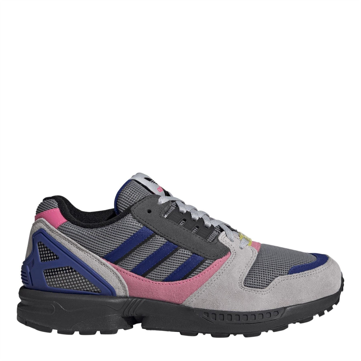 Low-top sneakers in grey mesh with blue stripes, pink accents, and black laces