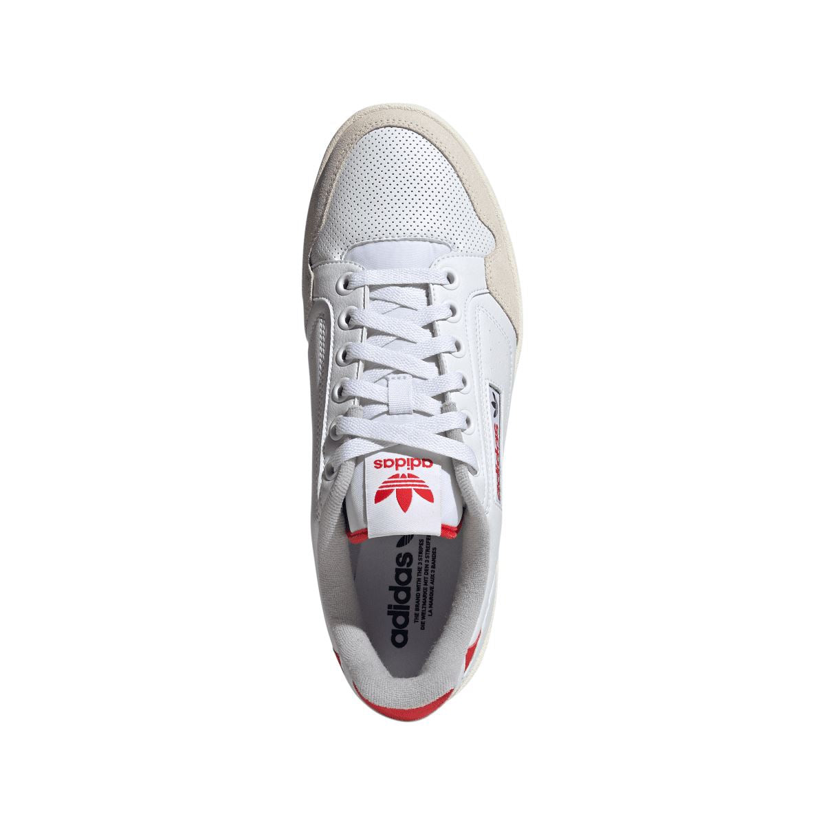 White adidas Originals NY 90 trainer from above with lace-up front and red label