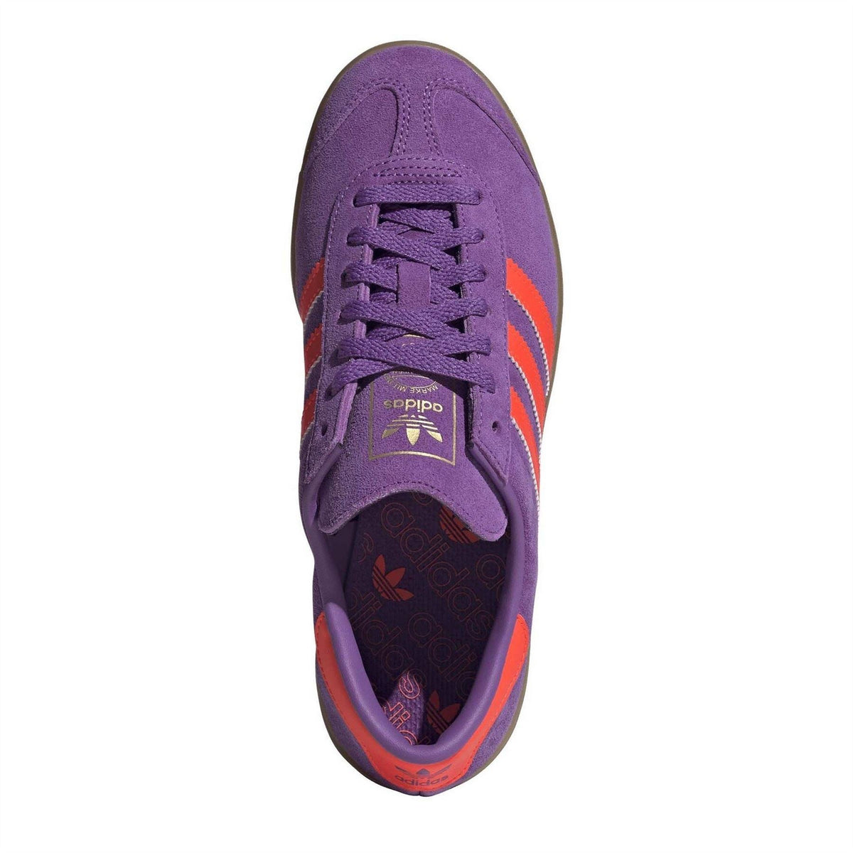 Purple suede adidas Hamburg sneaker with lace-up top and orange-and-blue stripe accents