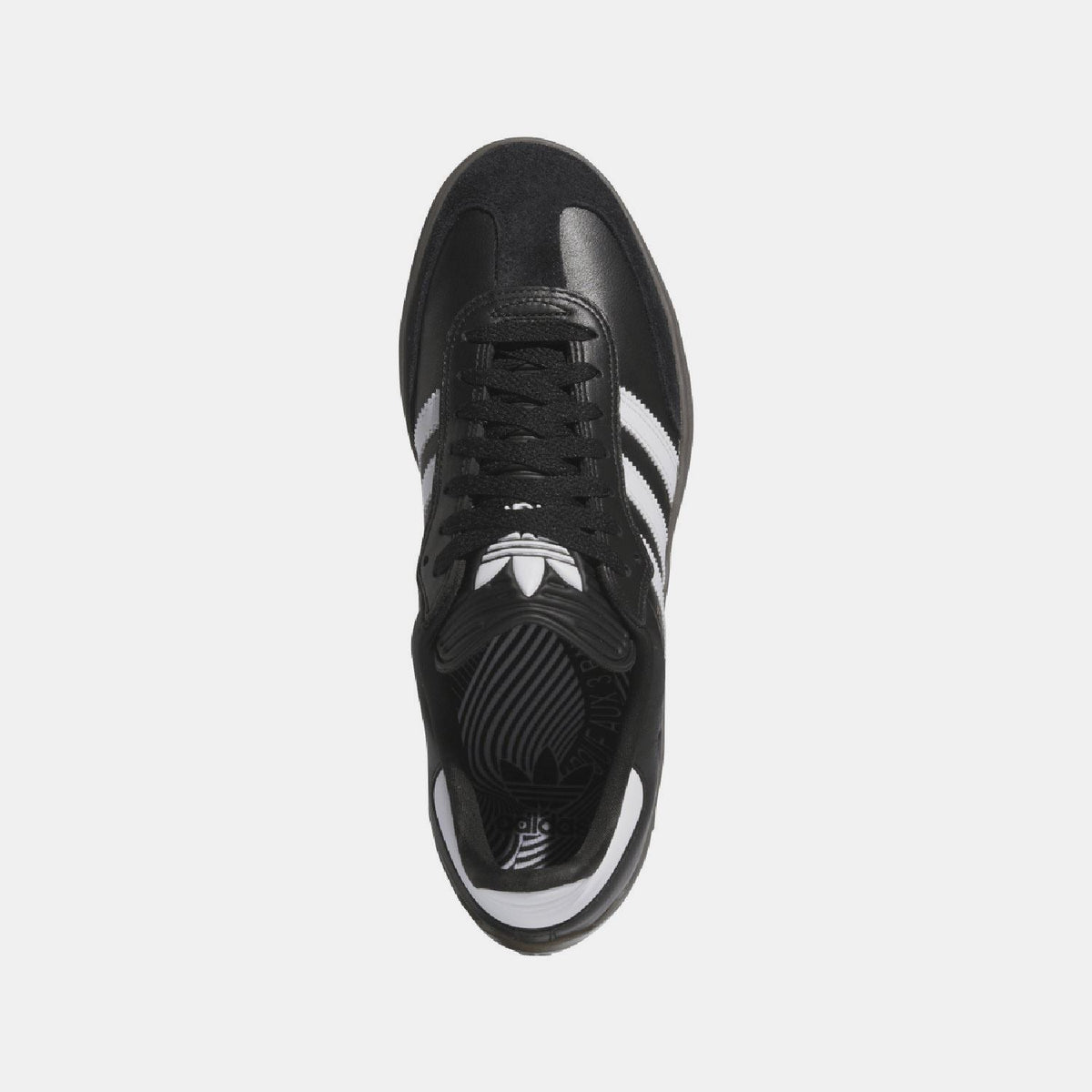 Black trainers with black laces, white side stripes, and dark interior collar