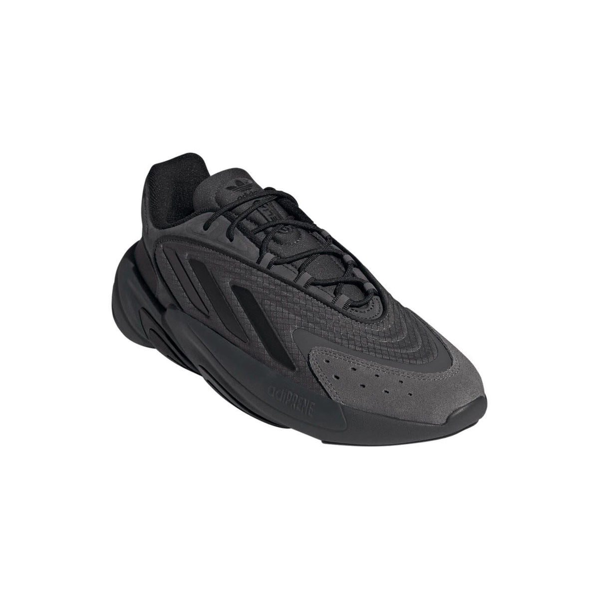 Grey adidas Originals Ozelia trainers, 3/4 view with textured upper and rubber sole