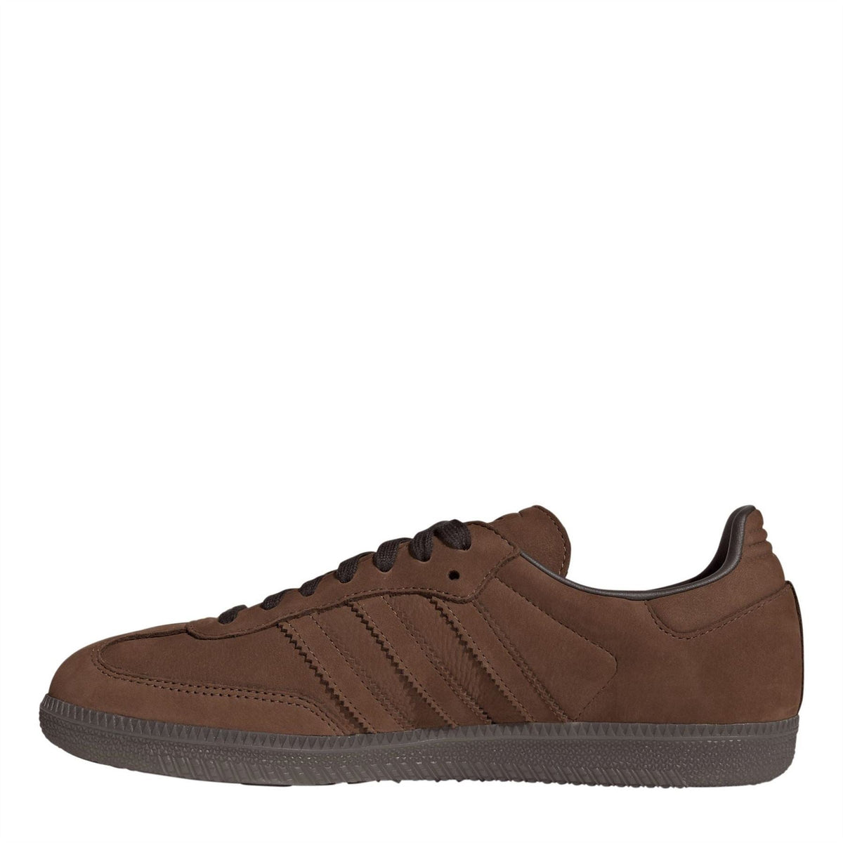 Brown suede Samba OG trainers, side profile with three stripes and black laces