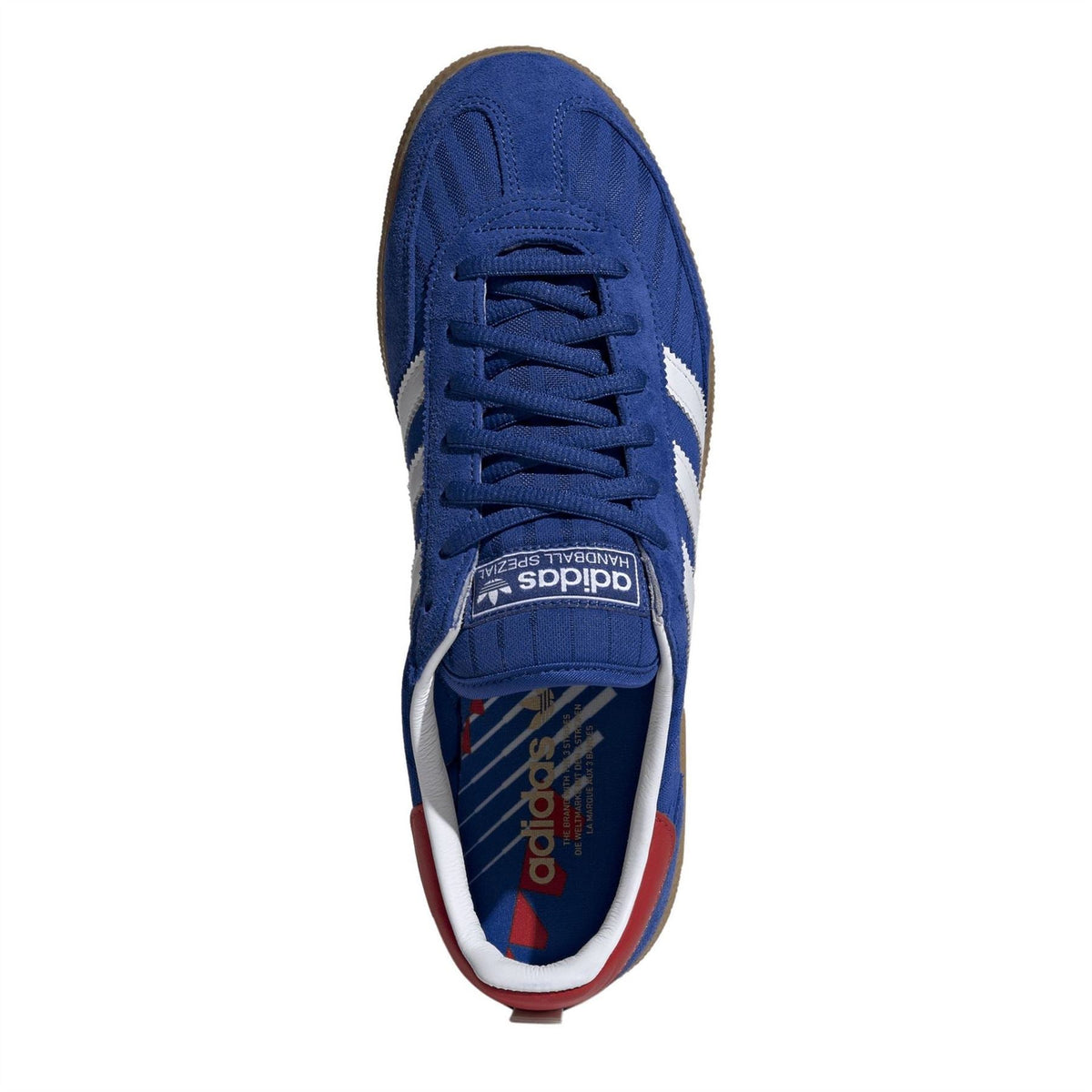 Blue low-top trainer with lace-up front and white stripes, red-and-blue inner lining