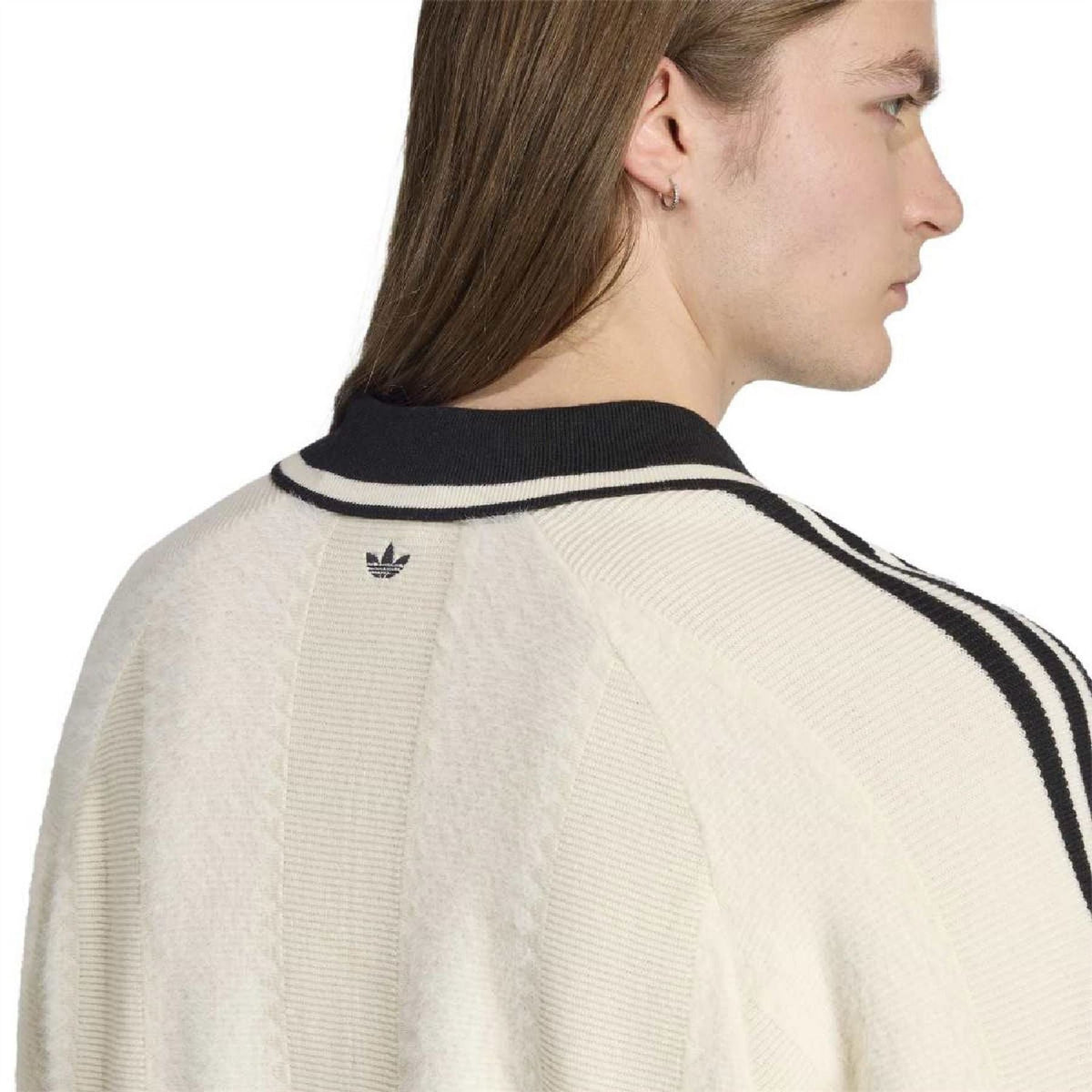 Collared raglan sweater, cream with black striped ribbed collar; trefoil logo at back