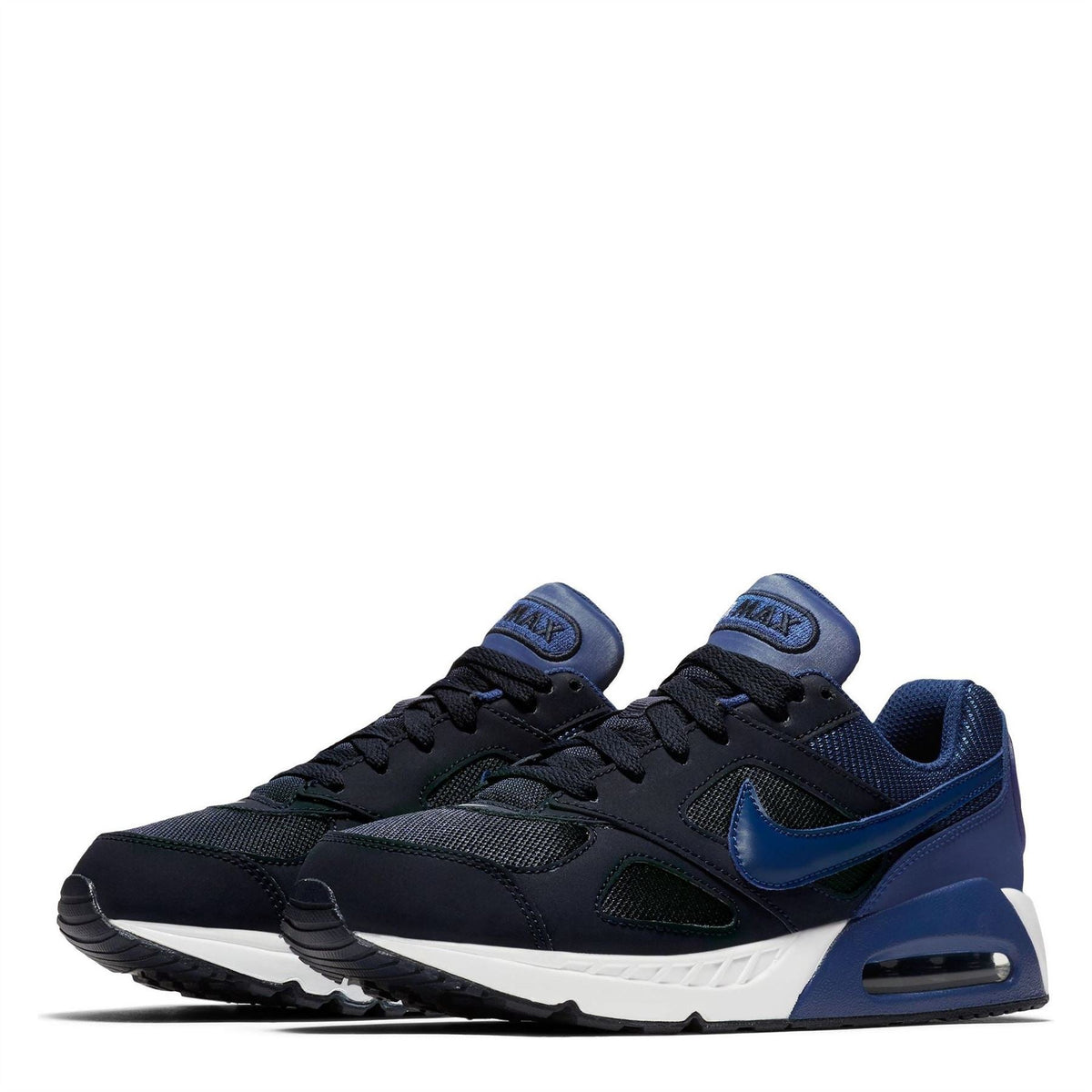 Pair of navy junior Air Max sneakers with blue swoosh and white midsole