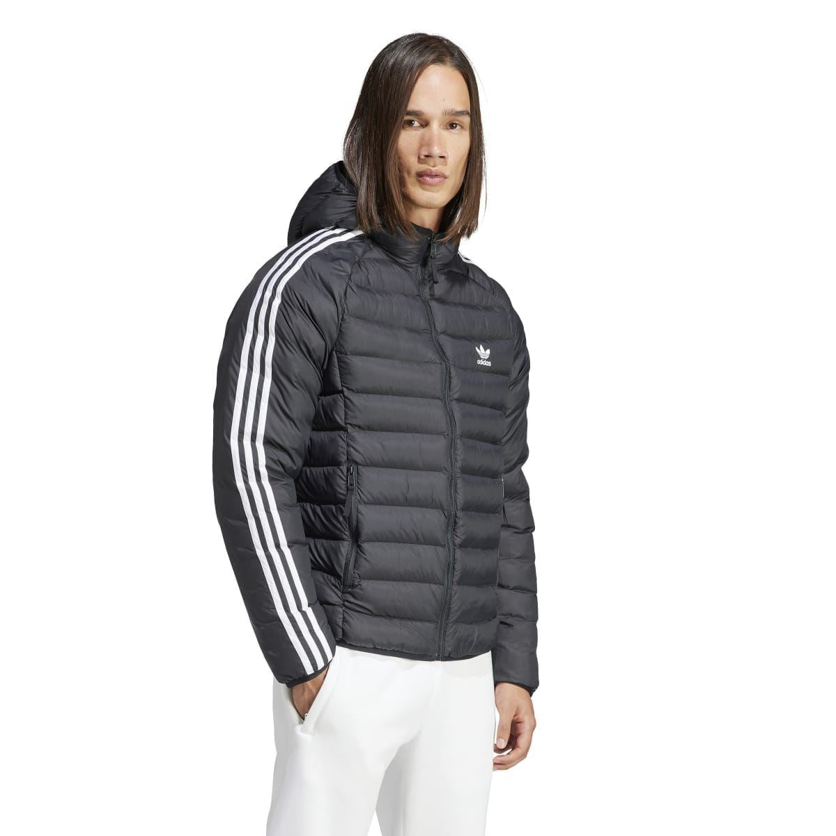 Black hooded padded puffer jacket, side view with white triple stripes along sleeves