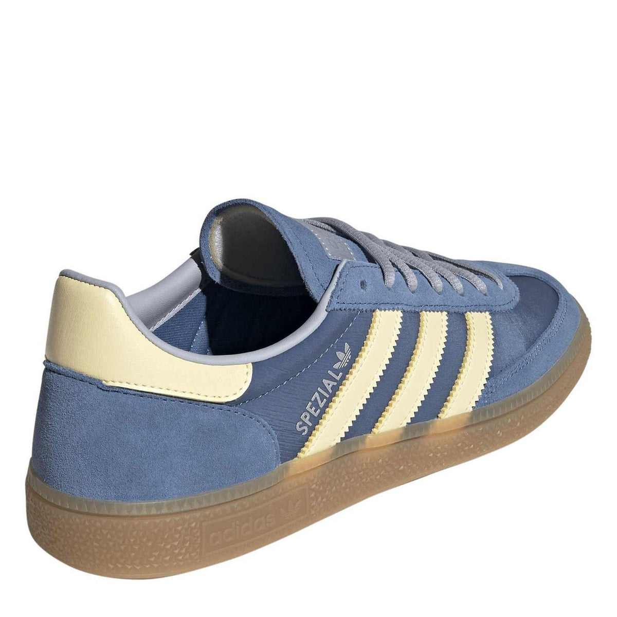 adidas Spezial trainers heel view in dusty blue suede with cream collar and gum sole