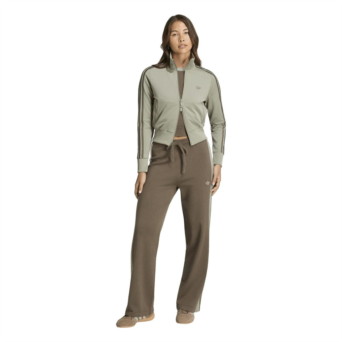 Sage zip-up track jacket top with stand collar, stripes, and front zipper
