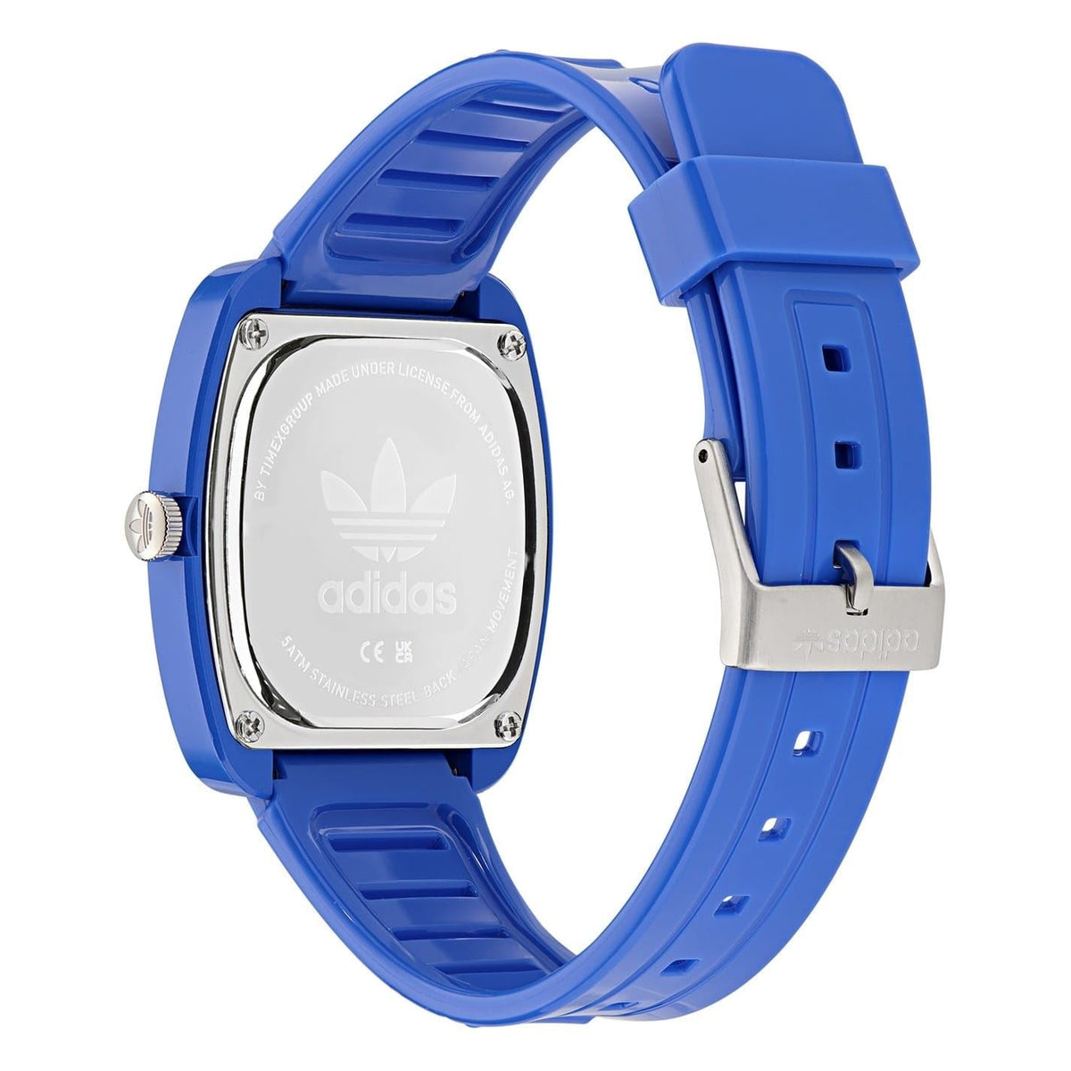 Adidas analog watch with blue rubber strap and square case back, engraved logo