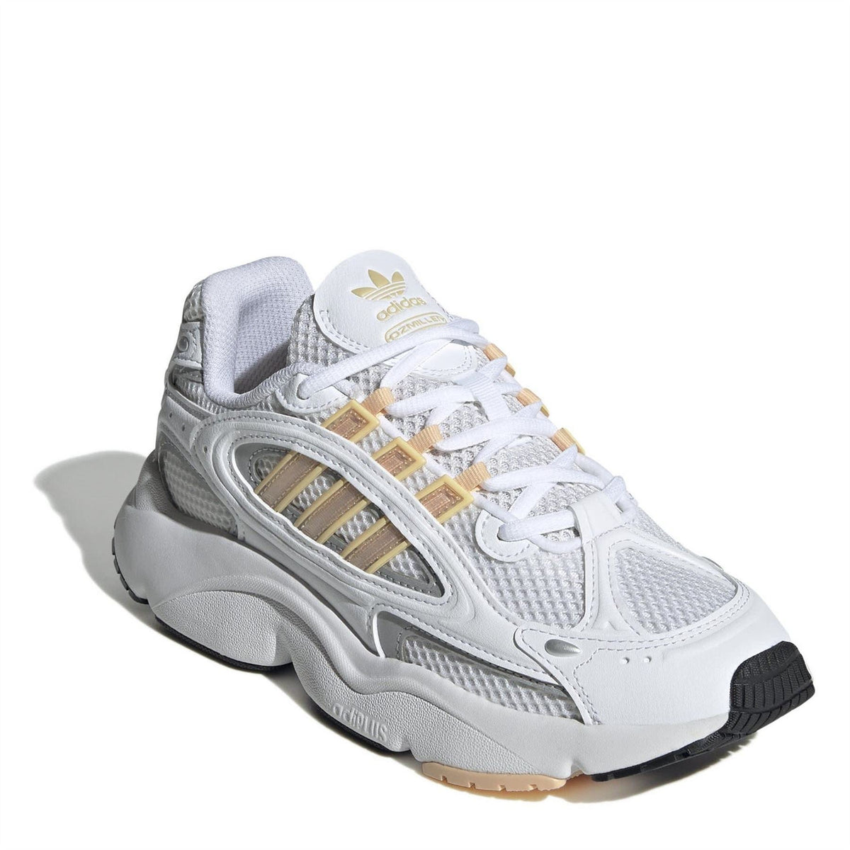 adidas Originals low-top sneakers, angled view, white leather and mesh with gold stripes